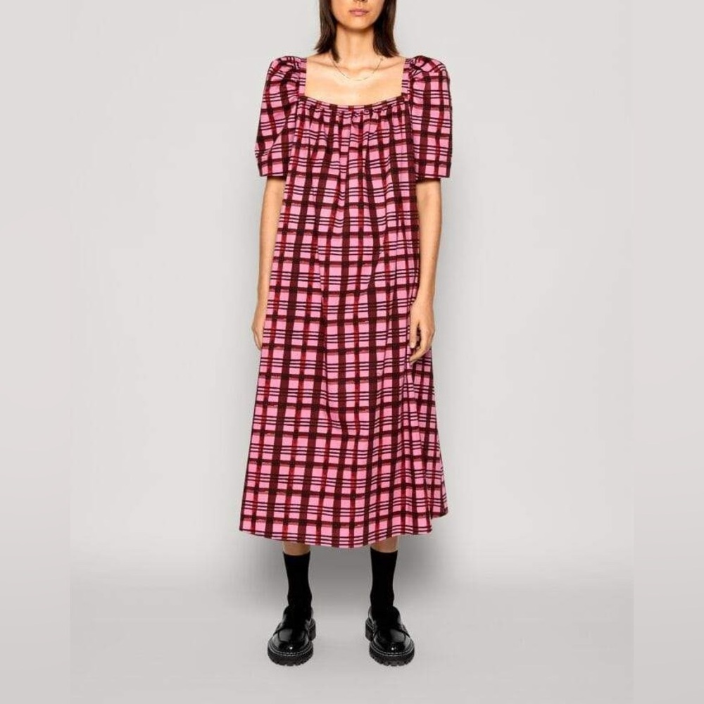 Baum Und Pferdgarten Aiko Check Midi Dress in Pink Plaid Print Women's 32